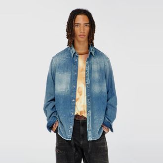 Diesel Shirt in distressed patch-effect denim - Denim Shirts - Man - Blue