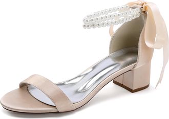 Generic Womens Low Open Toe Bridal Heels Chunky Heel Pearl Wedding Shoes Prom, Evening Party, Dress Pumps 4.5Cm,Champagne,10 UK