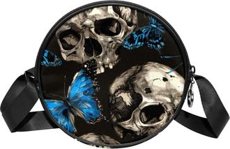 Generic Circle Crossbody Bag for Women, Skulls Small Sling Bag Daypack with Zipper Adjustable Shoulder Straps Casual Ladies Girls Round Purse