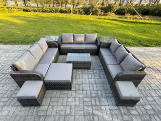 Fimous Rattan Lounge Sofa Set 12 Seater Outdoor Garden Furniture Set with Rectangular Coffee Table 3 Seater Sofa 2 Side Tables 3 Footstools