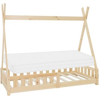 ML Design Ml-design - Cama Infantil Tipi Natural con Colchón De Espuma Fría 80x160 cm Protección Anticaída Somier Estructura Listones De Madera Maciza De Pino