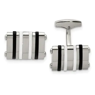 Diamond2Deal Stainless Steel Polished Black and White Rubber Bands Rectangle Cufflinks
