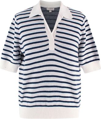 Kinross Cashmere Navy and White Striped Knitted Polo Shirt Size M