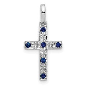 Diamond2Deal 14k White Gold 1/15ct. Diamond and Sapphire Cross Pendant