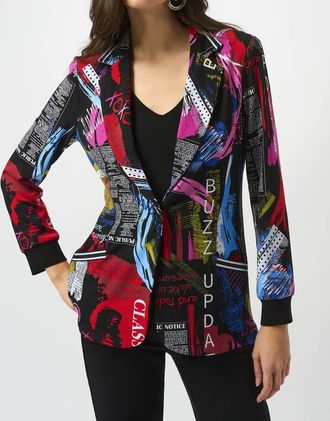 Joseph Ribkoff Word Print Straight Blazer In Black Multi