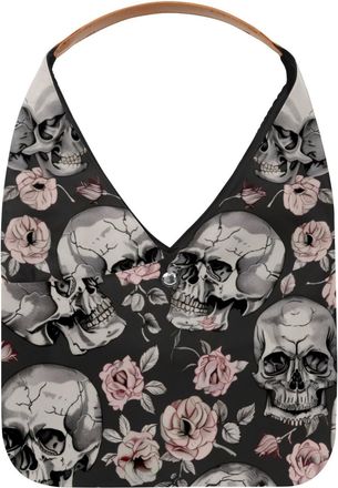 Generic Grey Skull Pink Rose Pattern Reusable Lightweight Grocery Bags - Foldable Into Compact Pouch, Washable & Sturdy, Multipurpose for Shopping and Travel