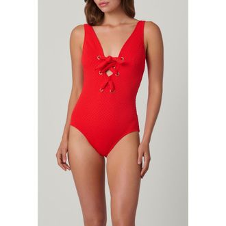 Shoshanna Checkered Texture Lace Up One-Piece in Vermilion at Nordstrom, Size 10
