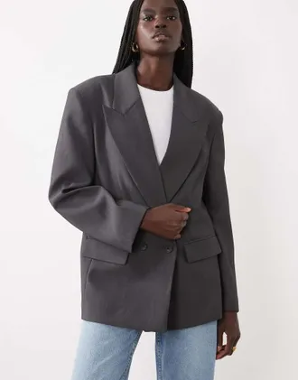 Asos blazer sartoriale doppiopetto con spalle strutturate in antracite-Grigio