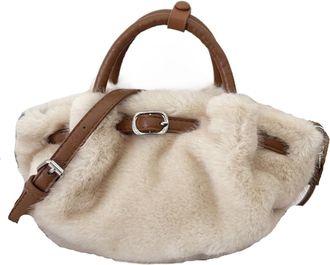 Generic Womens Plush Bags Winter Plush Clutch Purse Handbags For Women Belt Design Female Crossbody Bags Pleated Fluffy Handle Shoulder Bag(Apricot)