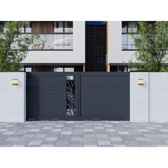 Vente-Unique Cancello elettrico scorrevole Alluminio semi traforato con motivi L400 x H179 cm Antracite in kit - LABRIT II