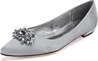 Generic Womens Satin Slip-On Pointy Toe Bridal Satin Wedding Shoes Flat Formal Evening Prom Party Dress Shoes 2Cm,Silver,10 UK