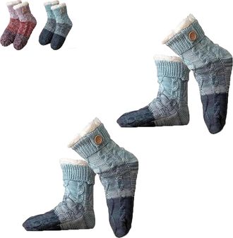Generic Knitted Ultra-Thick Slipper Home Socks, Tri-color Knit Patchwork Non-Slip Warm Winter Socks, Ultra-Thick Lounge, Non Slip for Women (Blue(2 Pair))
