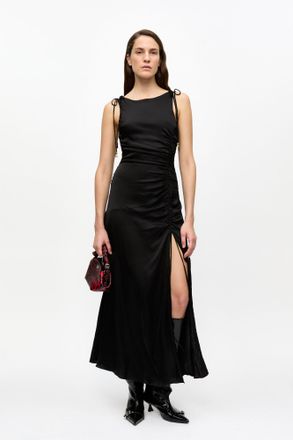 Ganni Black Satin Gathered Dress - Size 36 Viscose