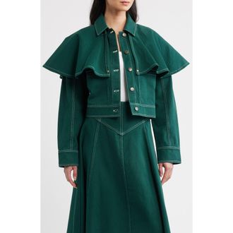 Cleobella Clarke Ruffle Cape Cotton Twill Jacket in June Bug at Nordstrom, Size X-Large