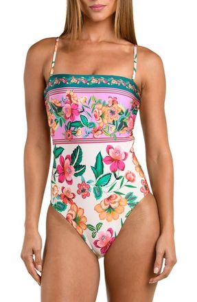 Sunshine 79 Zen Garden Bandeau One-Piece Swimsuit in Blue/Green Multi at Nordstrom, Size 14