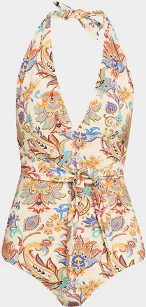 Etro Floral Paisley Belted Halter One-Piece Swimsuit