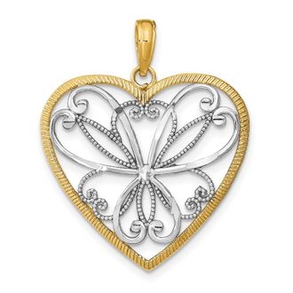 Diamond2Deal 14k Yellow Gold Rhodium Filigree Heart Charm