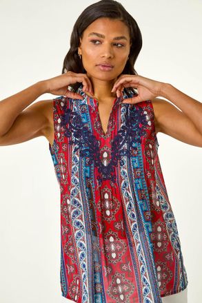 Roman Embroidered Abstract Print V-Neck Top
