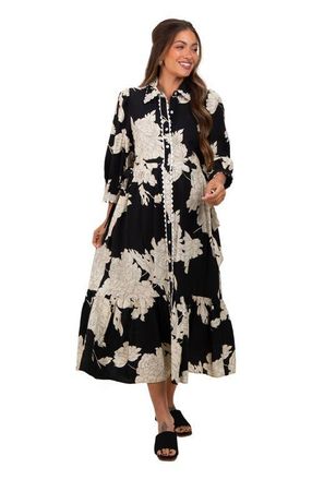 Pinkblush Floral Print Cinched Tie Waist Shirt Dress in Black at Nordstrom, Size Medium