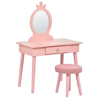 Beliani Conjunto De Tocador Infantil Con Espejo Y Taburete Rosa Margie