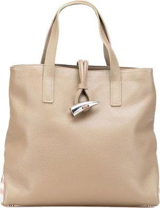 Burberry Borsa tote in pelle di vitello con dettaglio a forma di corno e finiture con motivo House Check 2000-2017 - Marrone