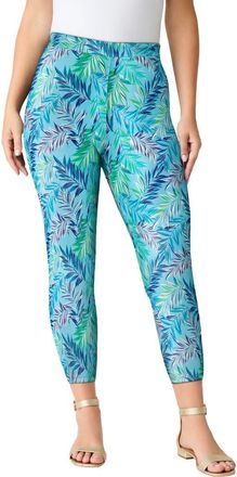 Roaman's Plus Size Essential Stretch Capri Legging in Light Aqua Waterfall Palm at Nordstrom, Size 32