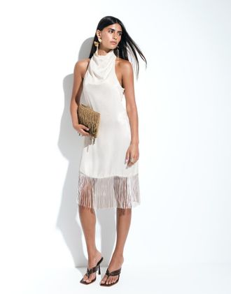 Asos Vestito corto in raso color avorio con scollo ad anello e frange-Bianco