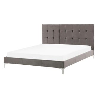 Beliani Cama Doble Tapizada En Tela De Terciopelo Gris 140 X 200 Cm Con Base De Listones Y Cabecero Acolchado Con Botones Ambert