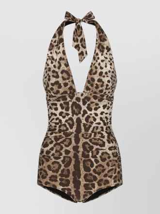 Dolce & Gabbana deep neckline one piece swimsuit leopard