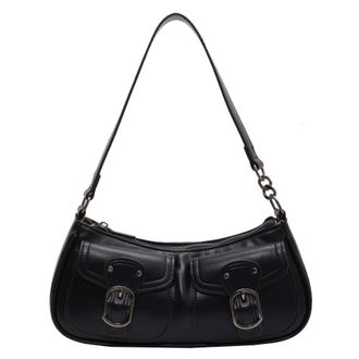 Generic Women Fashion Shoulder Bag Double Pockets PU Leather Retro Commuting Bag Y2K Trendy Shopping Bag Large Capacity Daily Shoulder Bag (Black)