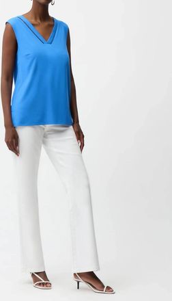 Joseph Ribkoff Rayon Jersey Sleeveless Straight Top With Sheer Trim In Blue