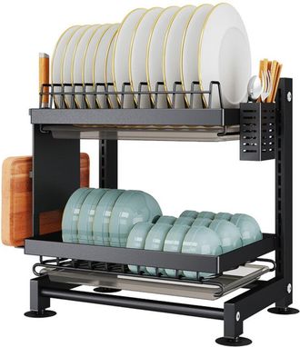 OEM Escurridor De Platos De Acero Inoxidable De 2 Niveles, Negro, Con Soporte Para Utensilios Y Bandeja De Goteo Para Un Uso Pr&aacute;ctico Y Elegante En La Coc