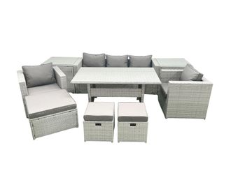 Fimous Garden Dining Set Outdoor Rattan Furniture Set with Sofa Dining Table 2 Chairs 3 Footstools 2 Side Tables Light Grey Mixed