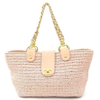 Chanel Pink Beige Raffia Leather Shoulder Bag Tote Bag (Pre-Owned)