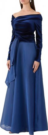 Talbot Runhof Velvet Bodice Evening Gown In Dark Blue
