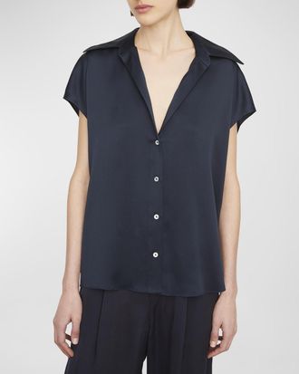 Vince Cap-Sleeve Ruched-Back Silk Blouse