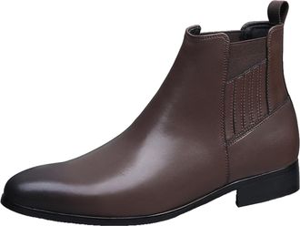 Generic Mens Pull on Chelsea Ankle Boots Flat Heel Short Boots Pointed Toe PU Leather Office Dress Shoes,Brown,8.5 UK