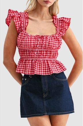 All in Favor Gingham Smocked Bodice Peplum Top in Red Gingham at Nordstrom, Size X-Large