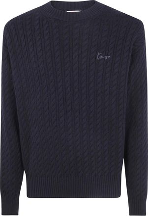 Kenzo Signature Kabelbrei Trui - Heren - Ronde hals truien - Zwart - M - Katoen - Truien & Vesten