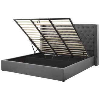Beliani Cama Con Almacenaje De Terciopelo Gris 180 X 200 Cm Cabecero Alto Lubbon
