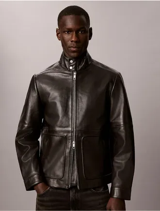 Calvin Klein Mens Lamb Leather Zip Jacket - Black - L