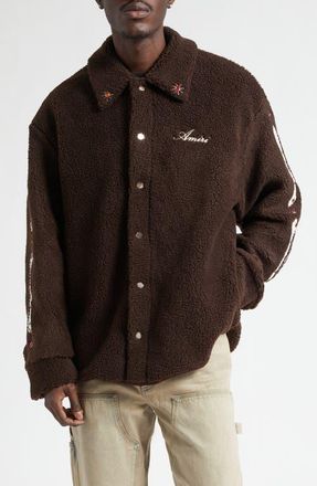 Amiri Studded Bones Appliqu&eacute; High Pile Fleece Overshirt in Dark Brown at Nordstrom, Size Xxx-Large
