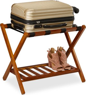 Relaxdays Relaxdays Soporte Para Maletas Plegable, Reposa Maletas Madera, Porta Equipajes, 2 Baldas, 54,5x66x44 Cm, Marr&oacute;n Natural