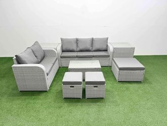 Fimous 8 Seater PE Rattan Wicker Garden Furniture Patio Conservatory Sofa Set w/ Rectangular Coffee Table 3 Seater Sofa Love Sofa 3 Stool 2 Side