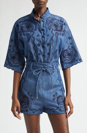 Zimmermann Aster Paisley Embroidered Denim Shirt in Railway Blue at Nordstrom, Size 0P