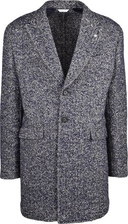 Manuel Ritz Blue/Beige Wool-Blend Herringbone Coat