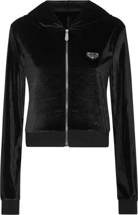 Philipp Plein Hoodies & sweatvesten, Dames, Zwart, S, Polyester, Chenille Hoodie Sweatjacket Strass Skull