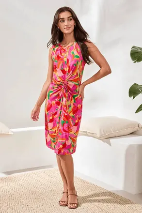 Tribal Printed Jersey V-Neck Front-Knot Midi Dress In Pink Glow