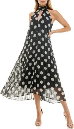 Socialite Metallic Pleated Chiffon Midi Dress in Black/Ivory Dot at Nordstrom Rack, Size Small