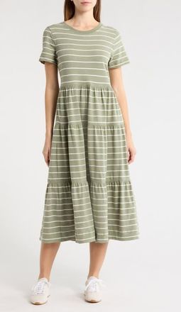 Marine Layer Luxe Stripe Sueded Cotton Tiered Midi Dress in Olive Stripe at Nordstrom, Size X-Small